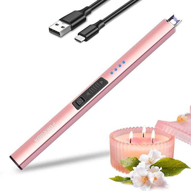 FUKKUDA Electric Lighter，Rechargeable Candle Lighter，Windproof，Flameless，for Camping，BBQ，Grill，Homeuse，Cooking (Rose Gold)