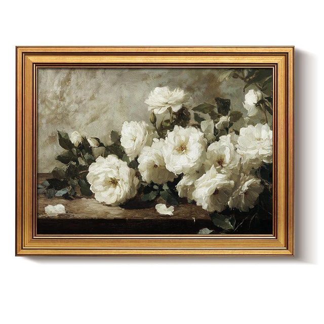 Bzstyleart Vintage Wall Art Decor for Living Room,Gold Framed Prints Flowers Wall Art Home Decor Aesthetic,White Rosebush Vintage Botanical Flower Prints,Canvas Picture Print Artwork for Christmas Gift,12 x 16 Inch