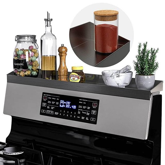 IIIOIIIA Stove Top Non Magnetic Shelf for Kitchen Organization | 30" Spice Rack Over The Stove | 4" Deep Spice Organizer with Border All Around | Brushed Stainless - Black (Magnets not Included)