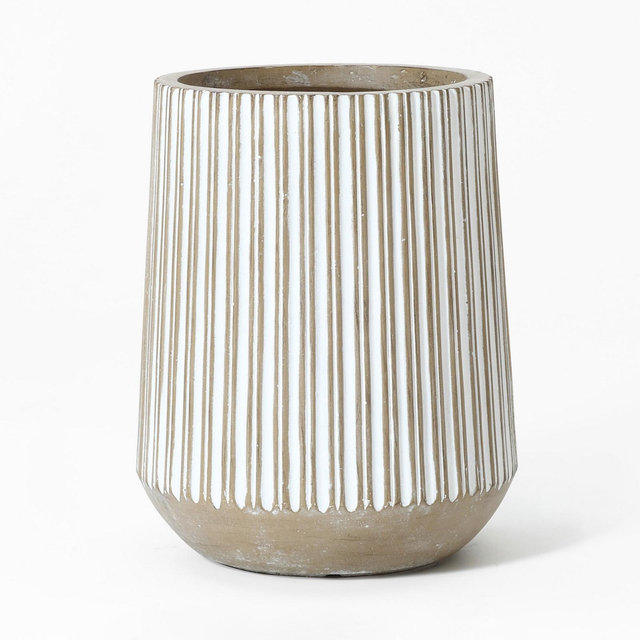 LuxenHome 12.6-Inch Round Brown and White Striped MgO Planter Multicolored