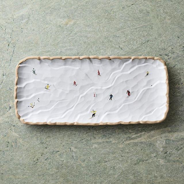 Holiday Skiers Figural ServewarePlatterStonewareTextured WhiteRectangle