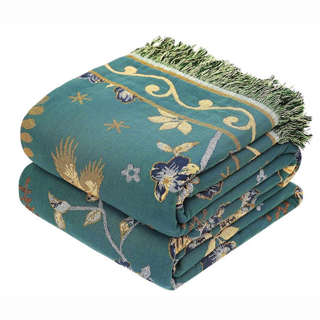 VANJOROY Boho 100% Organic Cotton Large Throw Blanket 50" x 60" - All Season Rustic Ultra Soft Breathable Floral Bird Blanket for Bed Sofa Couch Chair Bedspread Quilt Gift-Teal,Beige