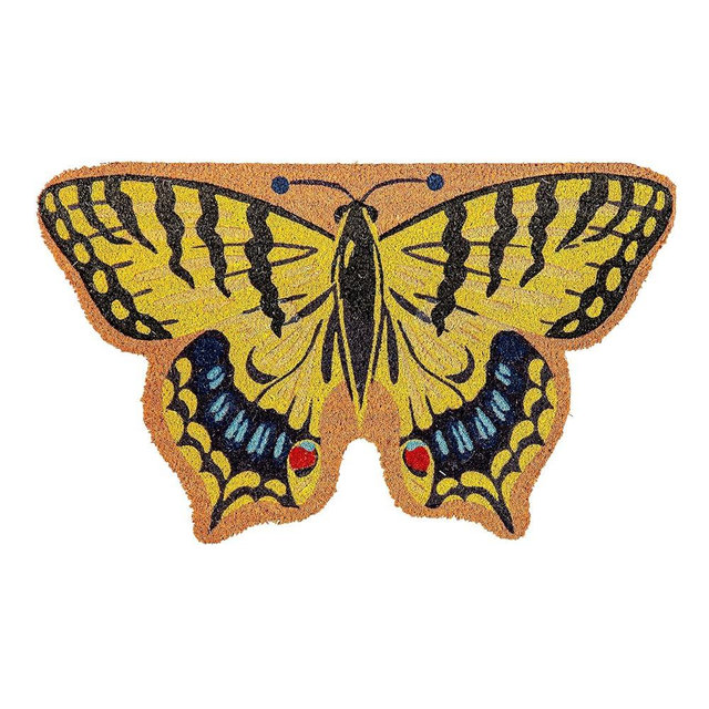 Evergreen Flag Shaped Coir Doormat | 30 x 18 inches Welcome Mat Outdoor Entrance | Non-Slip Backing Shaped Rug Entryway Indoor | All-Season (Butterfly)