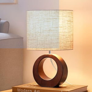 EDISHINE 13.4" Samll Wood Table Lamp, Modern Bedside Lamp with Beige Linen Lampshade & ON-Off Switch, E26 Base, Nightstand Lamp for Living Room, Bedroom, Dark Walnut