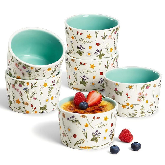 ONEMORE 6 oz Ramekins Oven Safe, Floral Ceramic Ramekin Set of 6 Mint Green Ramekins for Baking & Serving, Creme Brulee Dishes, Custard Pudding Souffle Cups, Small Dessert Bowls for Oven, Air Fryer