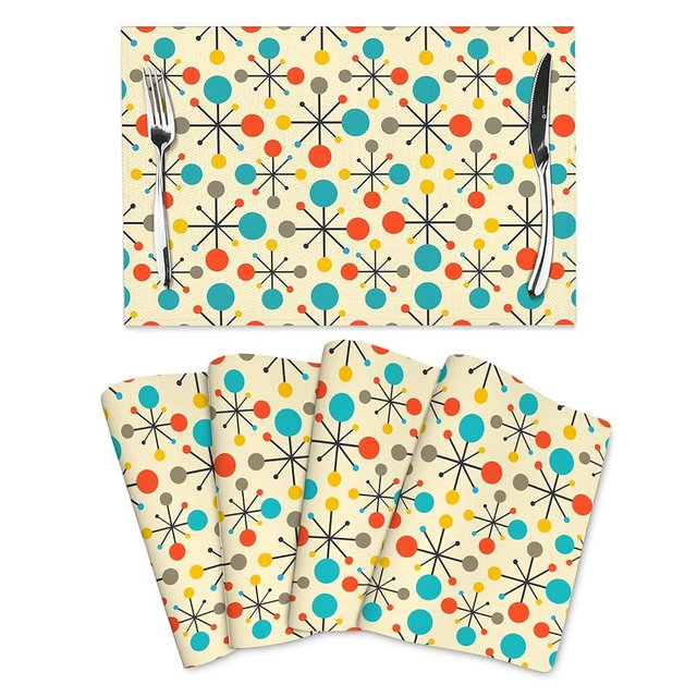 Mid Century Fifties Modern Atomic Retro Placemats Set of 4 Yellow Kitchen Table Mats for Dining Farmhouse Holiday Home Decor Linen Washable Place Mats 12"x18"