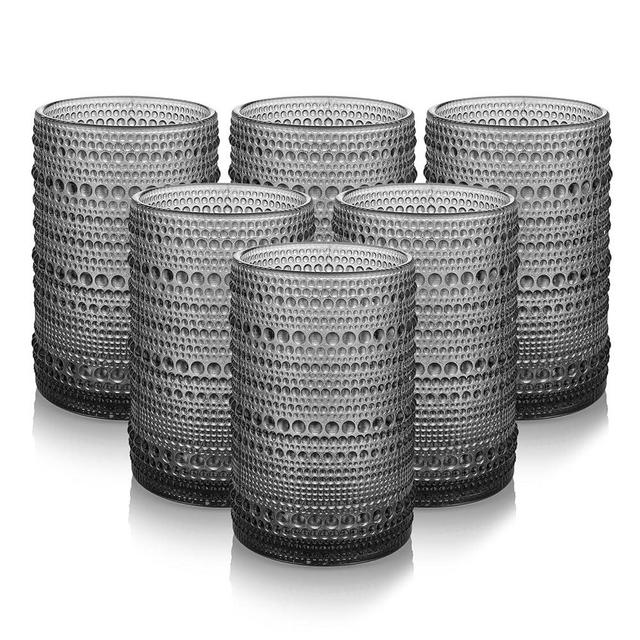 HomeVogue Hobnail Drinking Glasses Set of 6,15 oz Vintage Glassware Set Cocktail Glass Set, Embossed Green Water Tumbler,for Beer, Whiskey,Juice and Various Mixed Drinks (15OZ Grey)