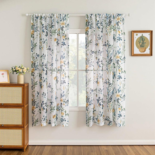 MYSKY HOME 63 inch Short Sheer Floral Curtains - Classic Leaf Violet Print, 2 Panels for Bedroom, Living Room, Bathroom, Kitchen - Yellow and Blue, 52 x 63 inch