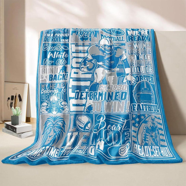 DKEAQZ Football Gifts Blanket, Gifts for Detroit Fans, Football Flannel Blanket for Men Women, Blue Throw Blanket for Couch 60"x50"