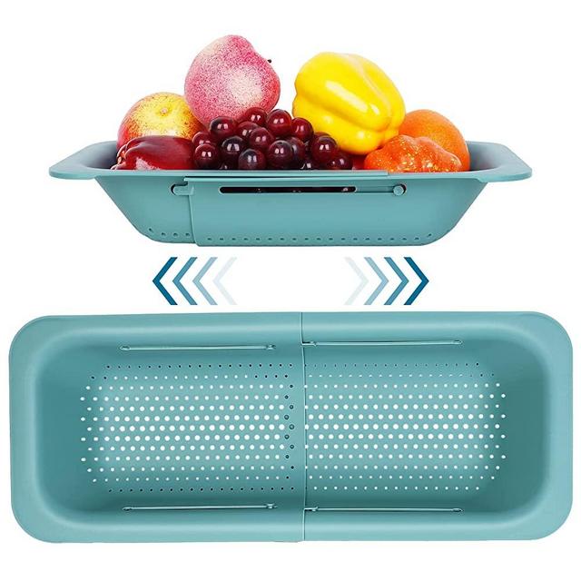 Colander Drain Basket, aKosco Strainer Basket Colander Silicone Collapsible Kitchen Extendable Food Strainer with Handle Over Sink Wash Vegetables Fruits Basket