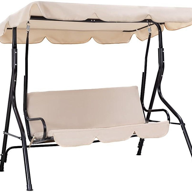 Outdoor Swing Patio Swing with Canopy Backyard Outdoor Swing Chair with Removable Cushions Adjustable Tilt Canopy Comfortable Armrests Stable Frame for Patio Outdoor Garden Backyard (Beige)