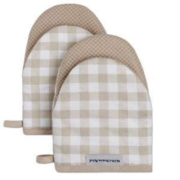 KitchenAid Gingham Mini Oven Mitt 2-Pack Set, Milkshake Tan, 5.5"x8"