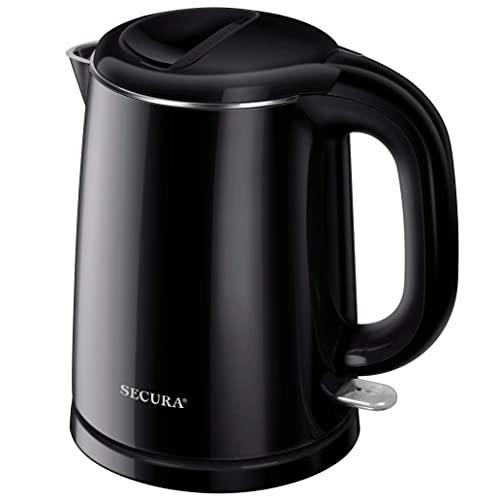 Secura Stainless Steel Double Wall Electric Kettle Water Heater for Tea Coffee w/Auto Shut-Off and Boil-Dry Protection, 1.0L (Black)