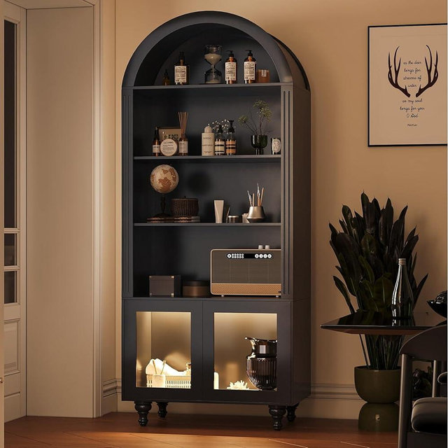 Wildhome Wooden Arched Bookshelf,5-Tier Shelf,Farmhouse Storage Display Cabinet Etagere Bookcase, Large Bookshelf,Tall Open Storage Cabinet for Home Office Living Room&Kitchen(Black-Arched top)