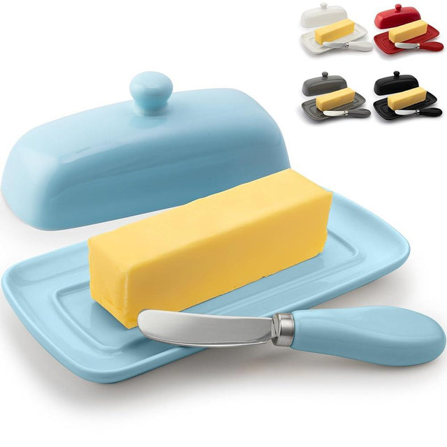 Zulay Butter Dish With Lid For Countertop - Porcelain White, Ceramic Butter Dish with Knob Handle Great for Cooking - Elegant Design Butter Holder - Durable & Sturdy Butter Keeper - Light Blue