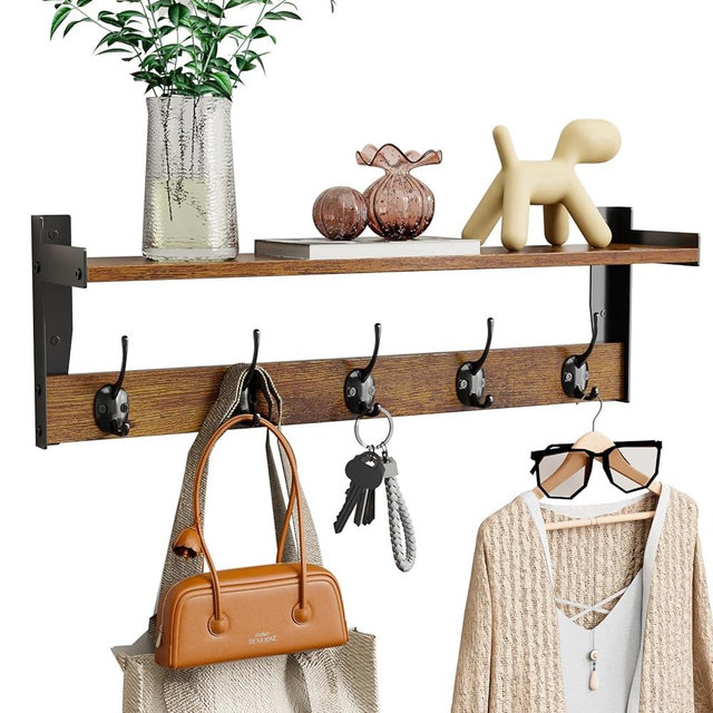 FNBAR Coat Rack with Wall Mount, 23 Inch Long Entryway Wall Shelf with Hooks, Wood Hanger with Storage Shelf for Bathroom, Hallway, Rustic Brown