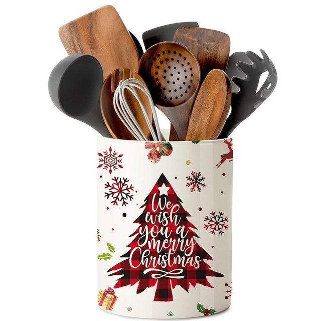 Hexagram Christmas Kitchen Decor Ceramic Utensil Holder, Cute Red Christmas Tree Utensils Holder, Xmas Ceramic Utensils Crock for Rustic Farmhouse Indoor Kitchen Decorations(6.3 Inches)