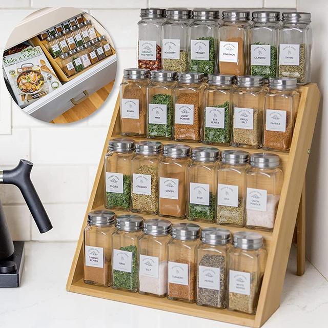 ECLECTICS KC Wooden Spice Rack Organizer for Kitchen Drawer, Cabinet, and Countertop - 3 Tier Shelf for Streamlined Spice Organization -Organic Bamboo -Includes 48 Stickers & Anti-Slip Pads