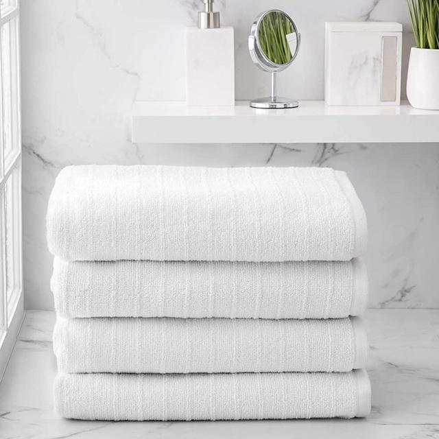 Welhome James 100% Cotton 4 Piece Bath Towels | White | Stripe Textured | Supersoft & Durable | Highly Absorbent & Quick Dry | Ideal for Everyday Use | 450 GSM | Machine Washable