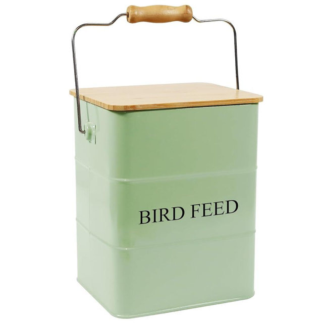 Brabtod Metal Bird Seeds storage container,Outdoor Bird Food Container Canister, Pet Food Bin with Wooden Lid/Handle/Food scoop,hold 5-6 Lbs of Wild Bird Seed Sunflower Seed-Preventing Squirrels-Green