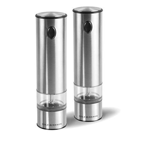 Cole & Mason Battersea Electric Salt and Pepper Grinder Set with LED Light-Electronic, Battery Operated Mill, Stainless Steel, 8"