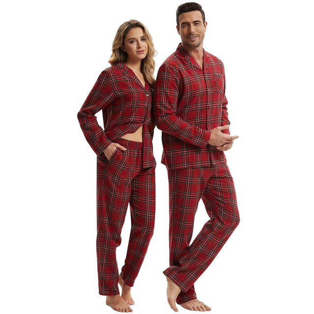 Navisting 100% Cotton Christmas Matching Pajamas Sets for Couples Xmas Red-green Plaid Warm Sleepwear Festival PJ Set