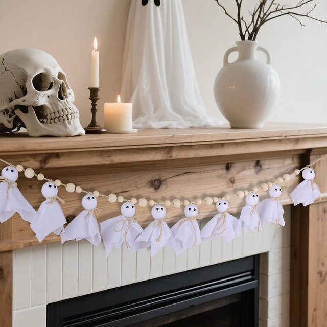 Halloween Decorations Indoor，7Ft Cute Halloween Ghost Garland with Wooden Beads，Handmade Rustic Banner for Mantel Wall Home Office School Indoor Outdoor Spring Decor Supplies