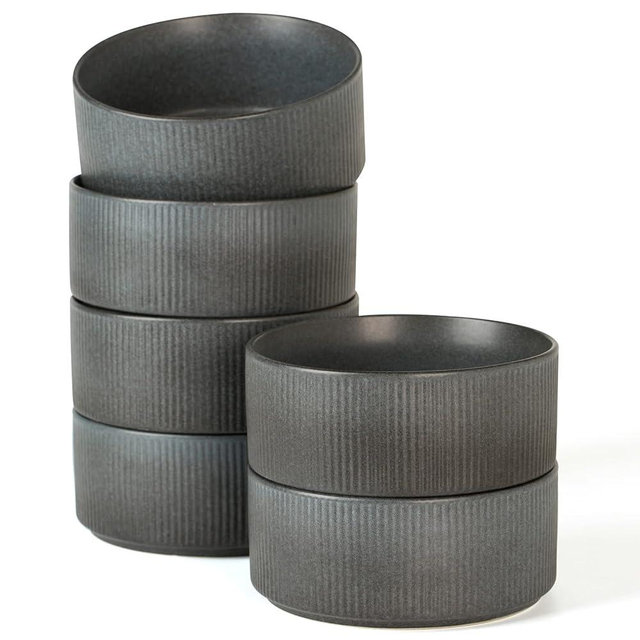 famiware 6 Pieces 5.5" Cereal Bowl Set, Double Reactive Glaze Soup Bowls Set, Stackable, Deep Bowls Suitable for Cereal, Popcorn, Oatmeal, Dessert, Matte Black