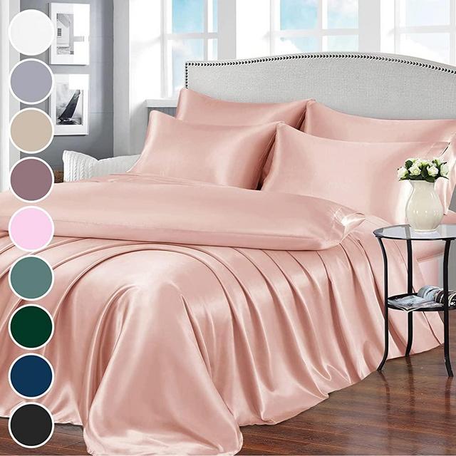 Homiest 7pcs Satin Sheets King Size Bed Set Satin Sheet Set, Champagne Bed Sheets Luxury Silky Satin Bedding Set, 1 Deep Pocket Fitted Sheet, 1 Soft Flat Sheet, 4 Pillowcases, 1 Body Pillowcase