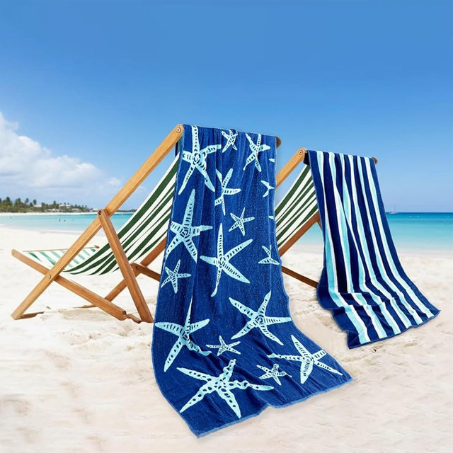 CASA COPENHAGEN Miami Bath Towels Designed in Denmark Rough and Tough, Quick Dry, for Pool, Bath & Shower 30"x60", 2 Pieces Cotton Beach Towels Set - Star Fish Navy + Turquoise Stripe