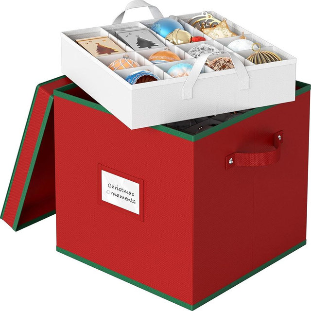 Simple Houseware Heavy-Duty Christmas Ornament Storage Box with Adjustable Dividers, Stores up to 64 Ornaments, Reinforced Base, Red