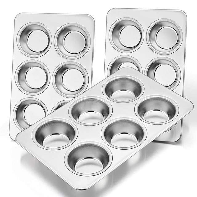 Muffin Pan Set of 3, E-far Stainless Steel Muffin Pan Tin for Baking, 6-Cup Metal Cupcake Pan Tray, Non-toxic & Healthy, Oven & Dishwasher Safe, Regular Size - 11.44 x 7.12 x 1.25 inch
