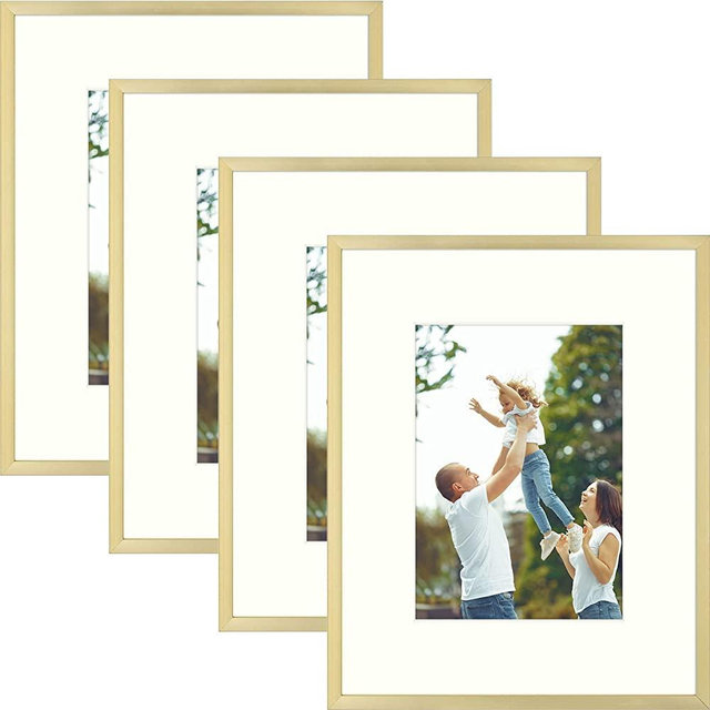 Golden State Art, Aluminum Picture Frame and Real Glass -8x10 Picture Frame with Mat for 5x7 Photo Display-Wall Decor or Tabletop Display (Gold, 4-Pack)