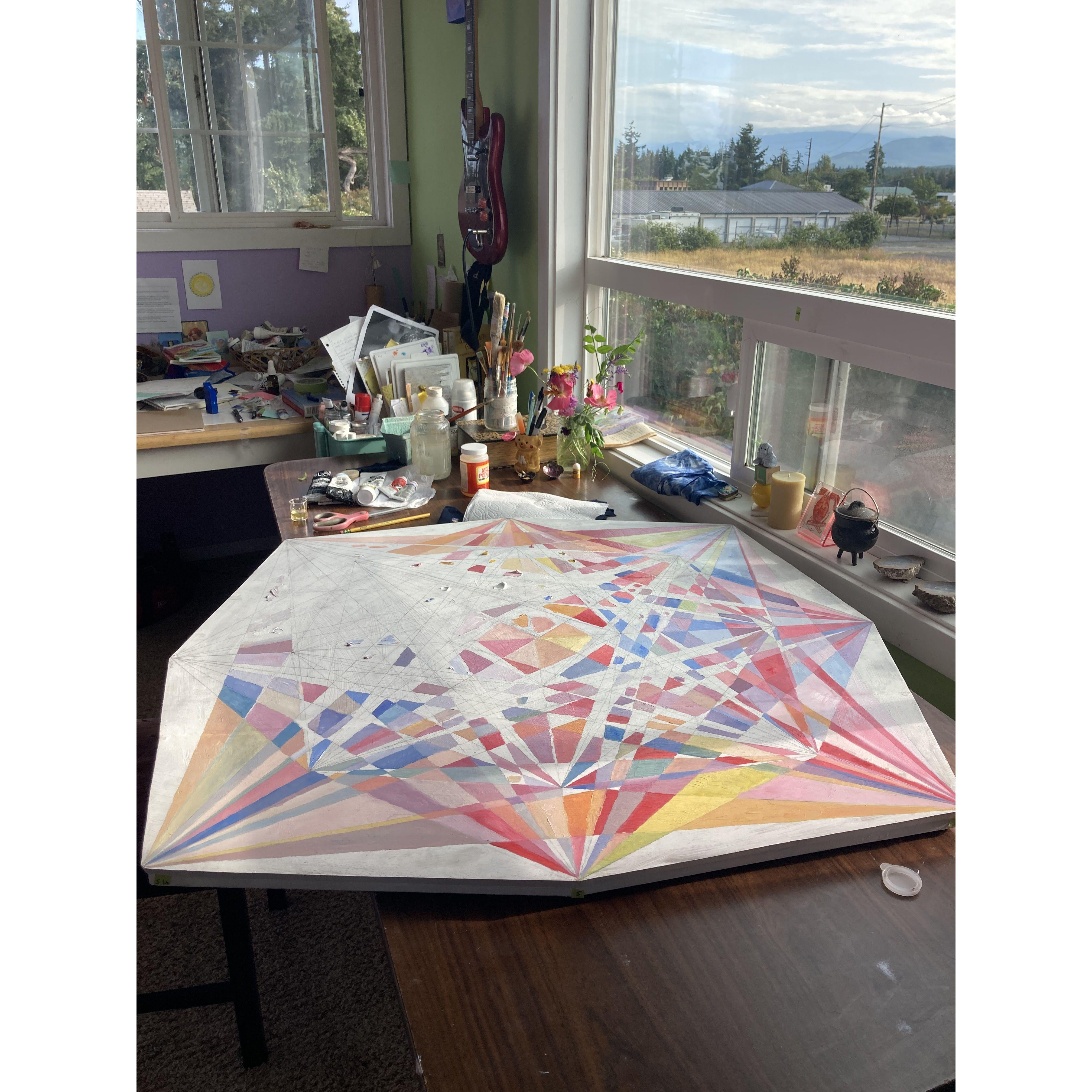 Harmony Table in progress, after coat of gesso, many hours spent moving oil paint around the shapes