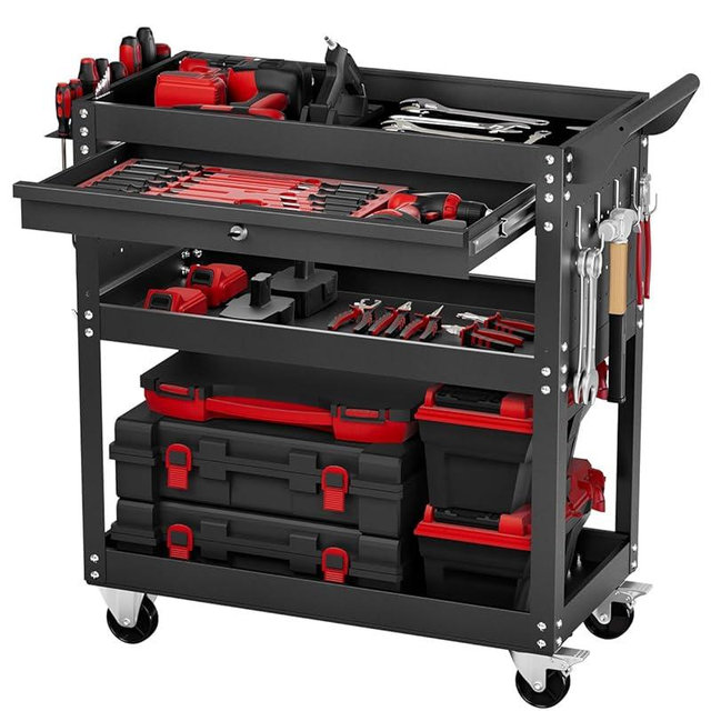 VEVOR 4-Tier Tool Cart with Wheels, 350 lbs Load Capacity, Rolling Work Cart with Drawer & Pegboard, Mechanic Tool Storage Organizer with Locking System for Garage, Warehouse and Repair Shop, Black
