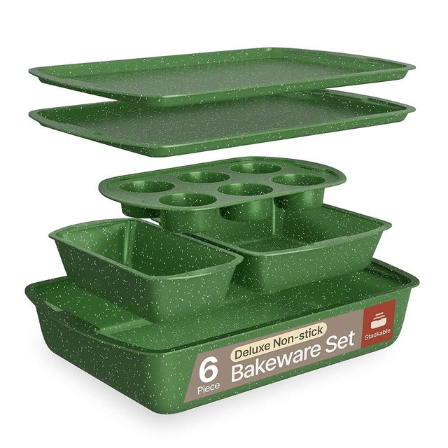 BAKKEN Kitchen Baking Pan Set - Nonstick Green Marble Coating, Commercial Grade Carbon Steel Bakeware Sets, Baking Kitchen Essentials, PFOA, PFOS, PTFE Free, Oven Safe Tray (Up To 450° F), Set of 6