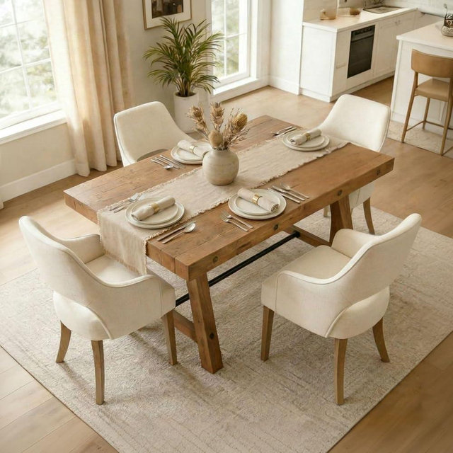 DM Furniture 5-Piece Farmhouse Wooden Dining Room Table Set for 4, 59" Reclaimed Wood Dining Table with Upholstered Chairs, Solid Wood Kitchen Table & Chair Set for Dining/Kitchen Room, Brown