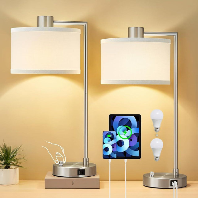 Luvkczc Table Lamp for Bedroom Set of 2 with USB C+A Ports - Fully Stepless Dimmable Bedside Lamp with Linen Lampshade - Contemporary Lamp for Living Room Reading Office, 2 LED Bulbs Included (Silver)
