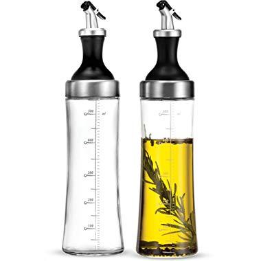 Superior Glass Oil and Vinegar Dispenser, (set of 2) Modern Olive Oil Dispenser, Wide Opening for Easy Refill and Cleaning, Clear Lead Free Glass Oil Bottle, BPA Free Pouring Spouts, 18 Oz. Cruet Set