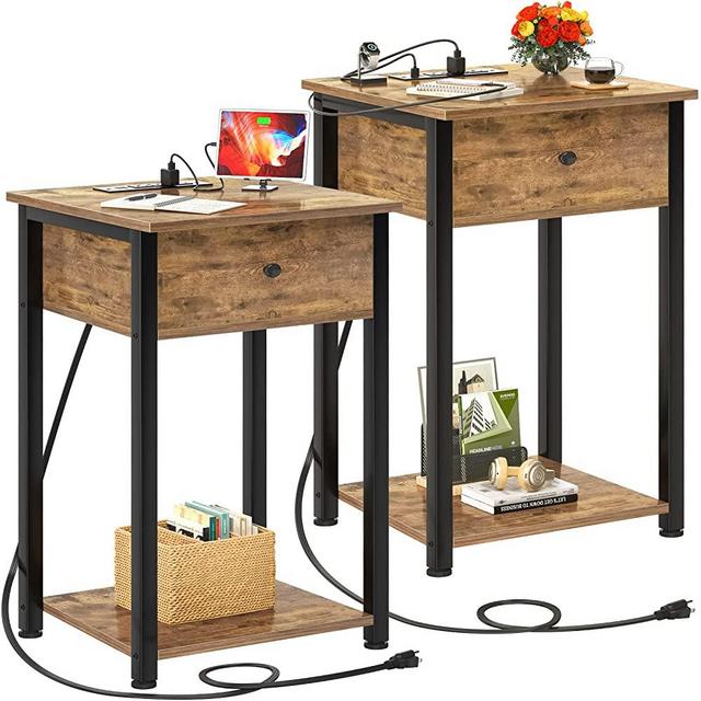 Ecoprsio Nightstand Set of 2 with Charging Station, End Table Side Table with USB Ports, Wood Night Stand, Rustic Bedside Table with Drawer and Shelf for Bedroom, Living Room, Sofa Couch, Rustic Brown