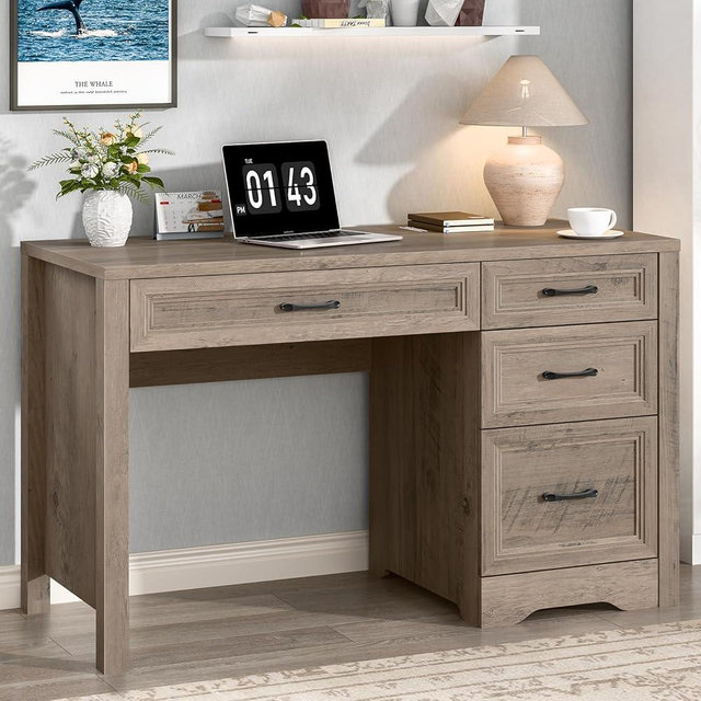 Vabches Farmhouse Executive Desk with Storage and Ample File Drawer, Rustic Large Home Writing Desk for Bedroom, Grey