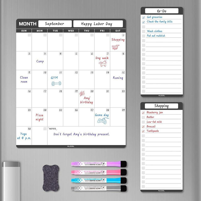 ALEZEL Dry Erase Calendar for Fridge Magnetic, Refrigerator Calendar Whiteboard Set - Vertical Dry Erase Refrigerator Calendar Planner with 2 List Boards, 4 Markers + Eraser