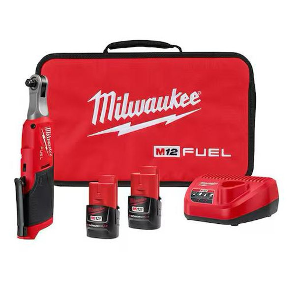 Milwaukee M12 FUEL 12V Lithium-Ion Brushless Cordless High Speed 3/8 in. Ratchet Kit w/(2) Batteries, Charger and Bag 2567-22
