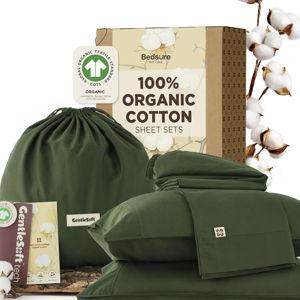 Bedsure 100% GOTS Organic Cotton Sheets, Fair Trade Certified Queen Bedding Set, Eco-Friendly, Soft, 17 inches Deep Pocket Queen Sheet, Sateen Weave Cotton Luxurious Hotel Bed Set, Olive Green