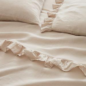 Oatmeal Ruffle Embellished-Trim Relaxed-Linen Sheets | Garnet Hill