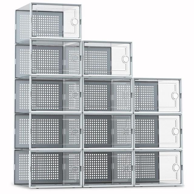 eWonLife Shoe Storage Boxes Organizer, Stackable Plastic Shoe Storage Containers for Closet, Drop Front, Clear Under Bed Shoe Box Bins with Lids, 12 Pack, for Entryway, Bedrooms, Bathrooms