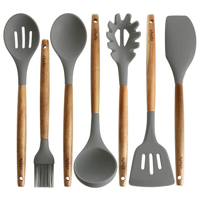Silicone Cooking Utensils | Wooden Handle, Non-Stick Cookware Heat Resistant Kitchen Utensil Spatula, Slotted & Solid Spoon, Soup Ladle, Slotted Turner and Spaghetti Server,| Acacia Wood