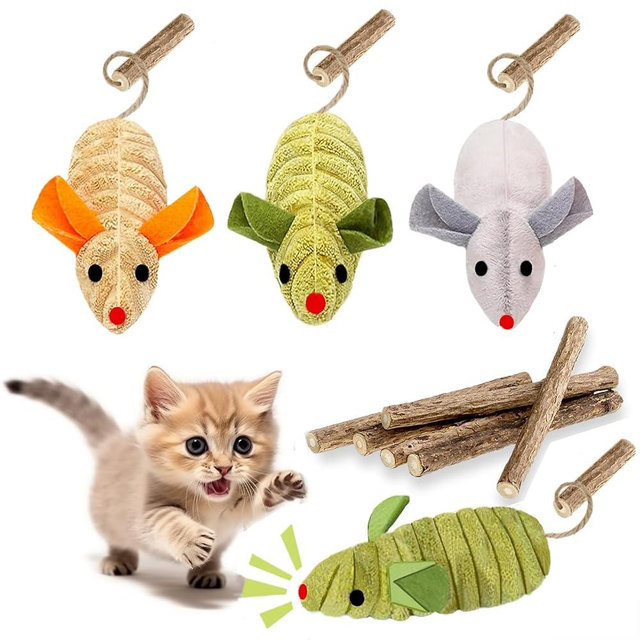 GREMBEB 9Pcs Cat Toys, 3X Squeak Mice Catnip Toys for Indoor Cat + 6X Silvervine Chew Stick Dental Chirping Mouse Plush Kitten Stuffed Toy Cleaning Teeth Matatabi Bite Interactive Cat Gifts Kitty Toy