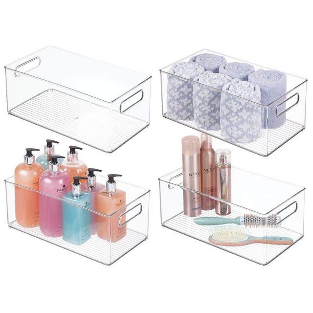 mDesign Deep Plastic Storage Bin Tote with Handles for Organizing Cosmetics, Makeup Palettes, Body Wash, First Aid, Vitamins, Supplements, Hair Styling Accessories, 4 Pack - Clear