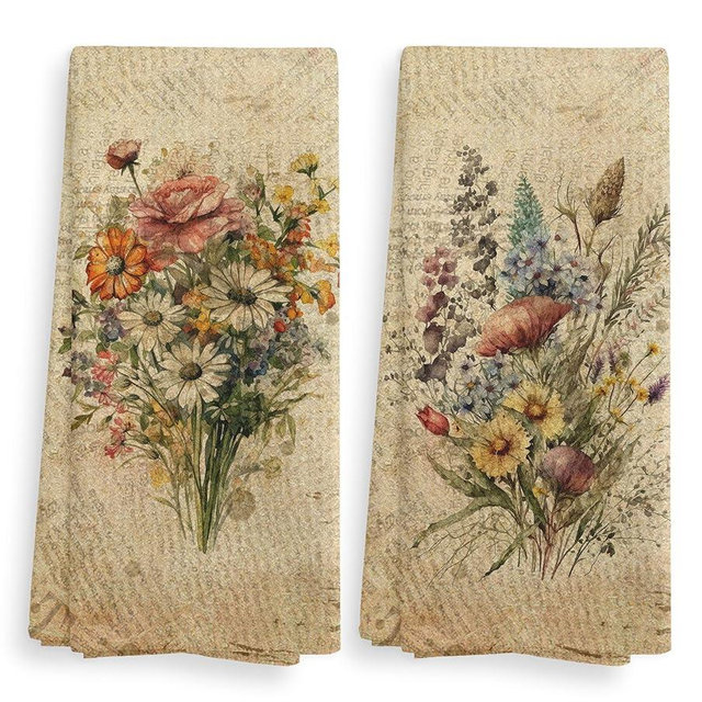 NOQL Vintage Floral Kitchen Towels and Dishcloths Set of 2, Vintage Decorative Kitchen Towels, Bouquet Decorative Towels, Retro Wildflowr Drying Cloth Hand Towels for Bathroom Kitchen, 16×24 Inches